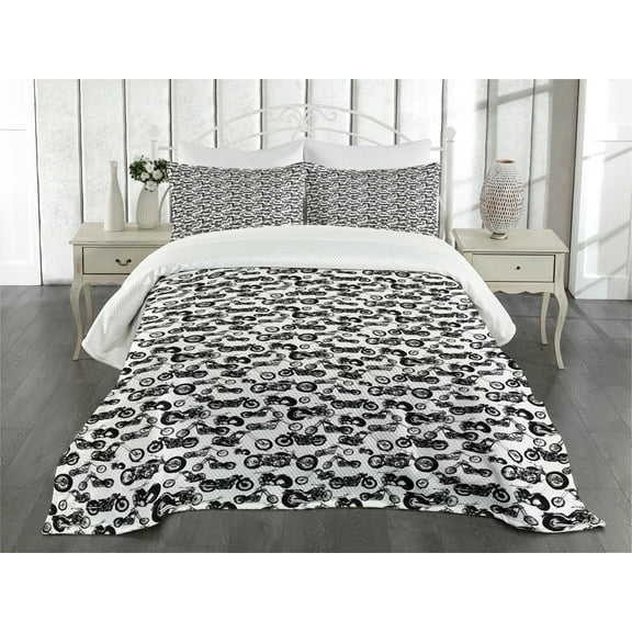 Ambesonne Motorcycle Quilted Bedspread Set 3 Pcs, Retro Chopper Design, King Size, Black White