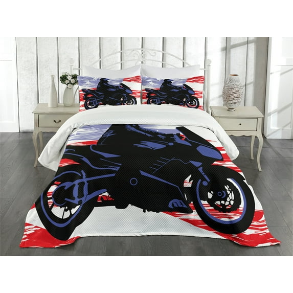 Ambesonne Motorcycle Quilted Bedspread Set 3 Pcs, Riding Man on USA Back, King Size, Multicolor