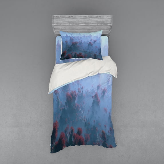 Ambesonne Mountain Bedding Set 3 Pcs, Autumn Trees in Mist, Twin, Grey Orange