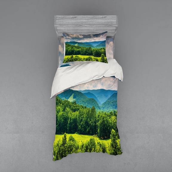 Ambesonne Mountain Bedding Set 3 Pcs, Landscape of Mountains, Twin XL, Forest Green