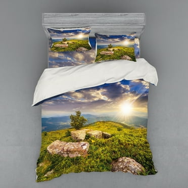 Ambesonne Mountain Bedding Set 4 Pcs, 3 Behind Boulders, Queen, Green Yellow Blue