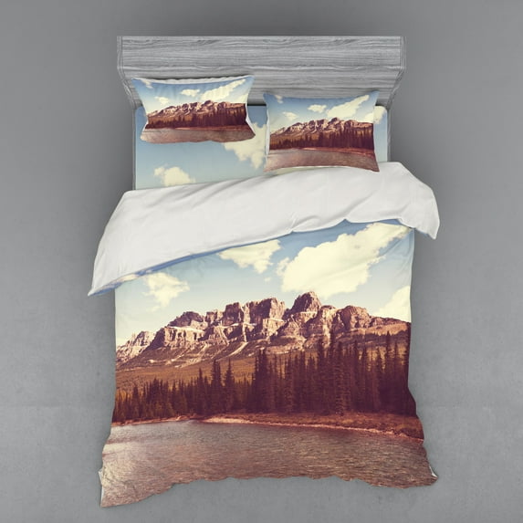 Ambesonne Mountain Bedding Set 4 Pcs, Canada River and Trees, Queen, Multicolor