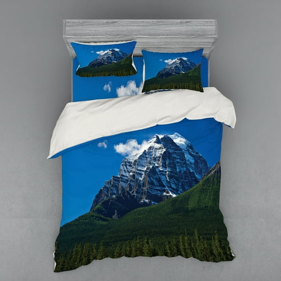 Ambesonne Mountain Bedding Set 4 Pcs, Snowy Peaks Trees Park, Queen, Green Blue White