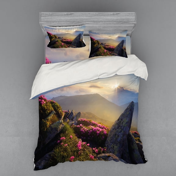 Ambesonne Mountain Bedding Set 4 Pcs, Sunrise Rhodonderons, Queen, Yellow Green Pink
