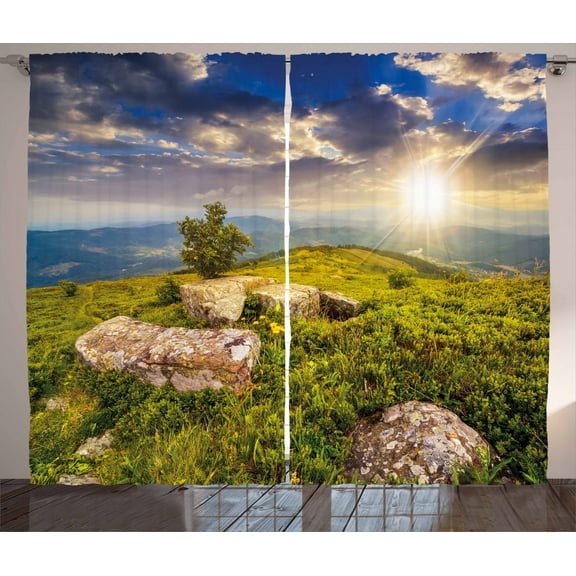 Ambesonne Mountain Curtains 2 Panel Set, 3 Behind Boulders, 108" x 63", Green Yellow Blue