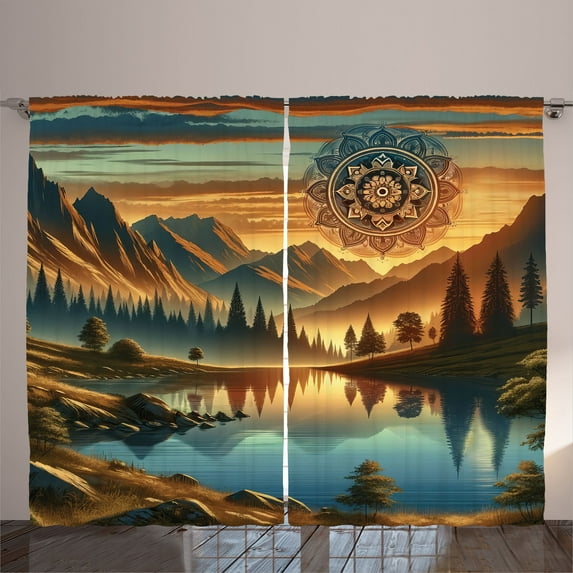Ambesonne Mountain Curtains 2 Panel Set, Laky Mounts Woods Mandala, 108" x 108", Pale Vermilion Sea Blue