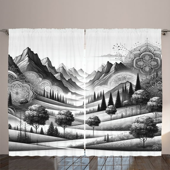 Ambesonne Mountain Curtains 2 Panel Set, Monochrome Wooded Lands, 108" x 96", Pale Grey Dark Taupe