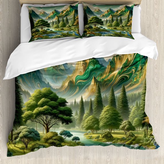 Ambesonne Mountain Duvet Cover Set, Fantasy Land Heights Boho, King, Fern Green Ivory Blue