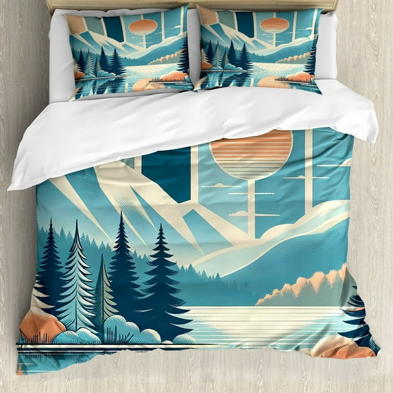 Ambesonne Mountain Duvet Cover Set, Mid Century Boho Montane, Queen, Sea Blue Salmon