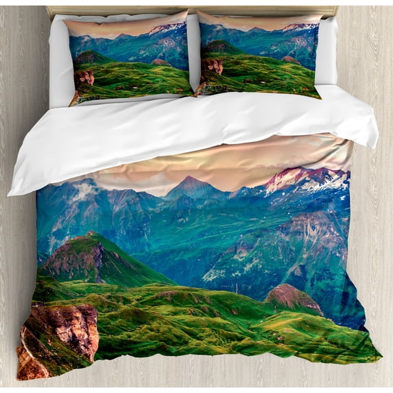 Ambesonne Mountain Duvet Cover Set, Summer Morning Mountains, Calking, Coral Teal Green