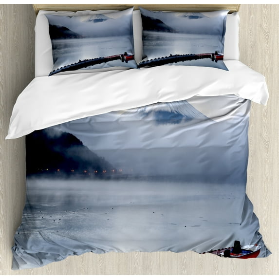 Ambesonne Mountain Duvet Cover Sets, Mountain Peaks Kawaguchi, 2-Queen, Blue Grey