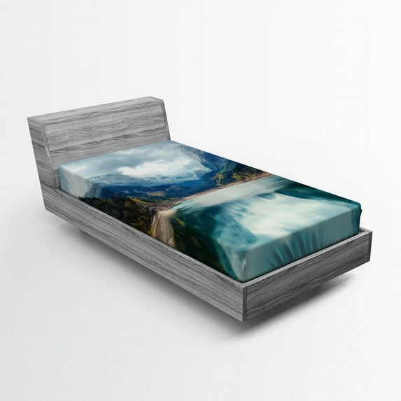 Ambesonne Mountain Fitted Sheet, Alpine Lake Sky Forest, Twin Size, Blue Green Grey