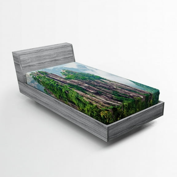 Ambesonne Mountain Fitted Sheet, China Landscape Nature, Twin XL Size, Green Brown White