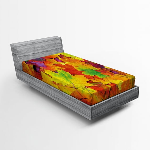 Ambesonne Mountain Fitted Sheet, Colorful Maple Leaf Photo, Twin XL Size, Yellow Purple