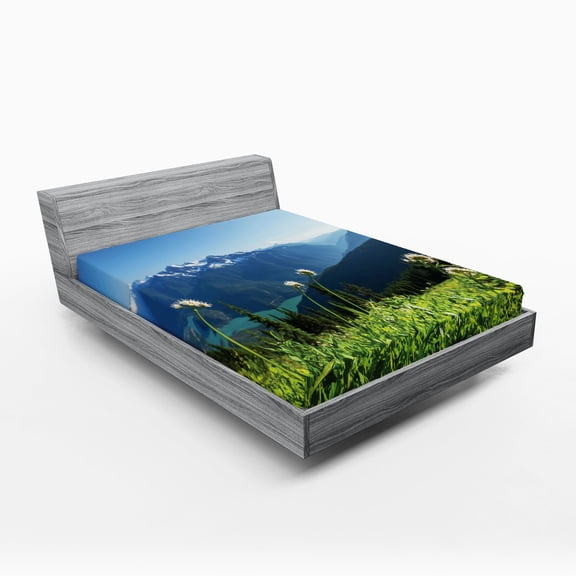 Ambesonne Mountain Fitted Sheet, Diablo Lake Dandelions, Full Size, Sky Blue and Green