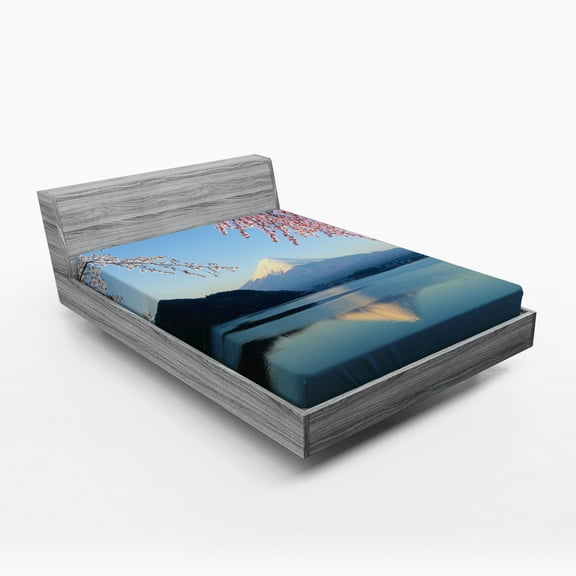 Ambesonne Mountain Fitted Sheet, Japan Mountain and Sakura, Full Size, Multicolor