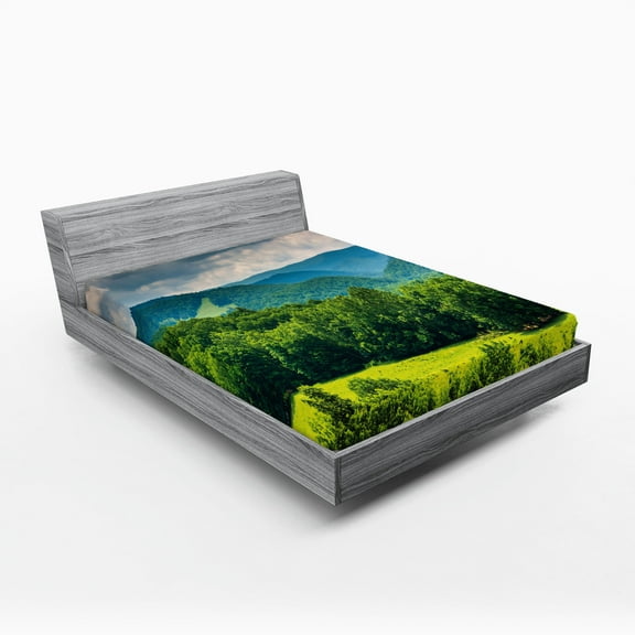 Ambesonne Mountain Fitted Sheet, Landscape of Mountains, Queen Size, Forest Green