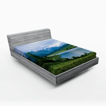 Ambesonne Mountain Fitted Sheet, Snowy Belukha Peaks, Full Size, Fern Green Pale Blue