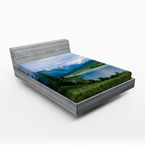 Ambesonne Mountain Fitted Sheet, Snowy Belukha Peaks, Queen Size, Fern Green Pale Blue