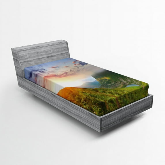 Ambesonne Mountain Fitted Sheet, Sunrise Mottled Clouds, Twin Size, Blue Green Orange
