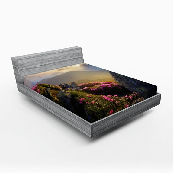 Ambesonne Mountain Fitted Sheet, Sunrise Rhodonderons, Queen Size, Yellow Green Pink