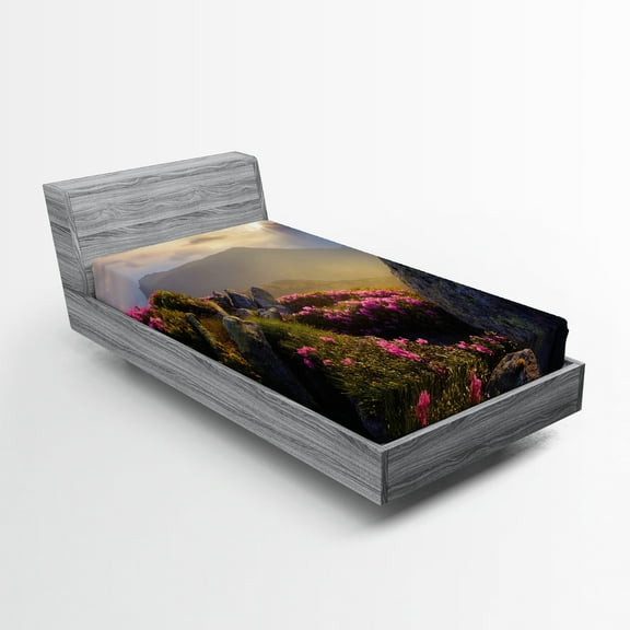 Ambesonne Mountain Fitted Sheet, Sunrise Rhodonderons, Twin XL Size, Yellow Green Pink