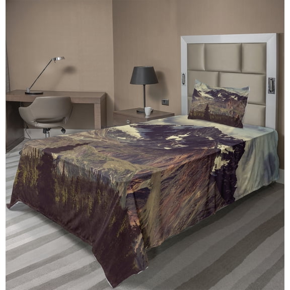 Ambesonne Mountain Fitted & Top Sheet Set with Sham, Alaska Scenery, Green Black White