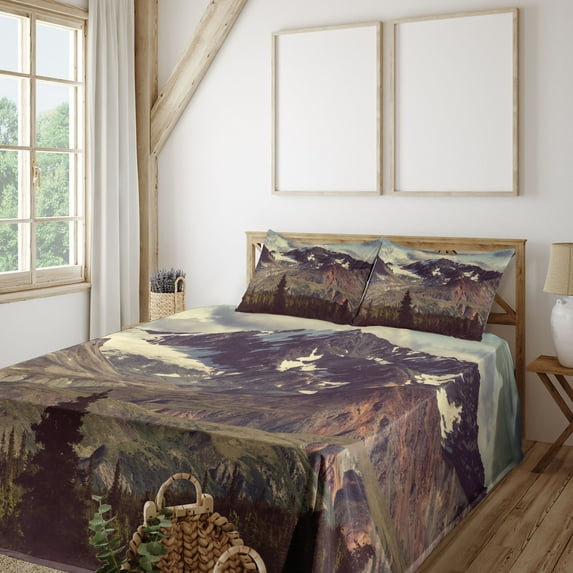 Ambesonne Mountain Fitted & Top Sheet Set with Shams, Alaska Scenery, Green Black White