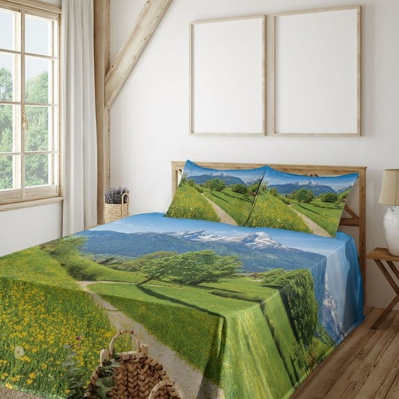 Ambesonne Mountain Fitted & Top Sheet Set with Shams, Spring Scenery in Alps, Multicolor