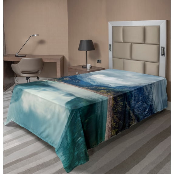 Ambesonne Mountain Flat Sheet, Alpine Lake Sky Forest, Twin Size, Blue Green Grey