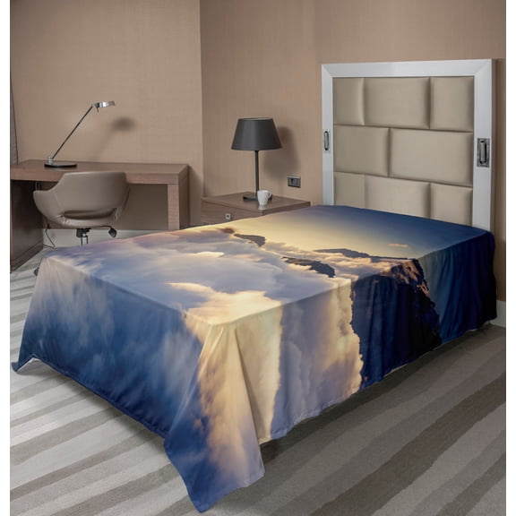 Ambesonne Mountain Flat Sheet, Climbing Above Clouds, TwinXL Size, Beige Navy
