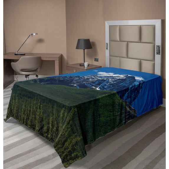 Ambesonne Mountain Flat Sheet, Snowy Peaks Trees Park, Twin Size, Green Blue White