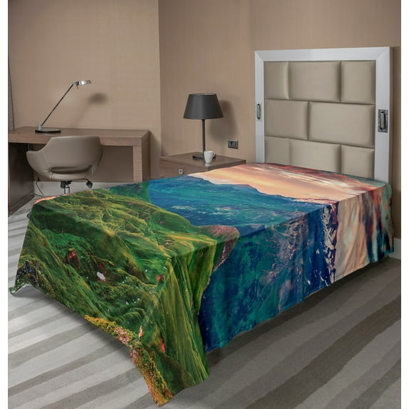 Ambesonne Mountain Flat Sheet, Summer Morning Mountains, TwinXL Size, Coral Teal Green