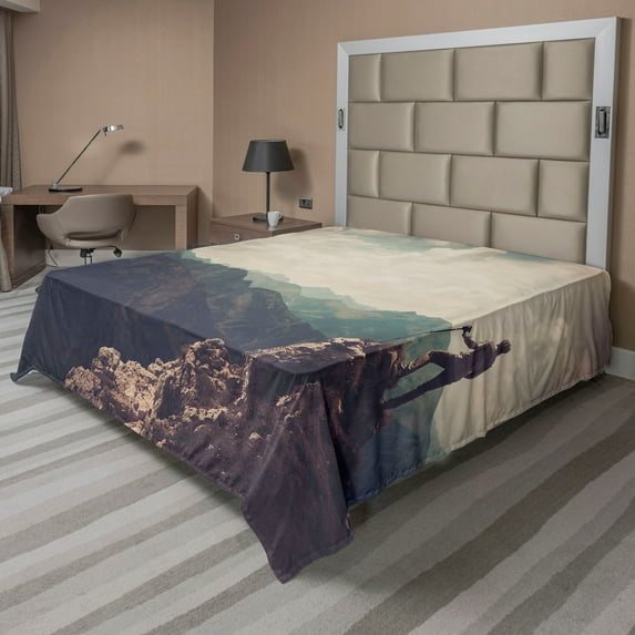 Ambesonne Mountain Flat Sheet, Woman Hiker on Top, Queen Size, Multicolor
