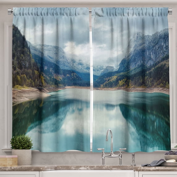 Ambesonne Mountain Kitchen Curtains, Alpine Lake Sky Forest, 55"x45", Blue Green Grey