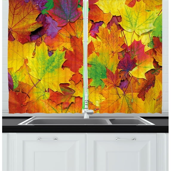 Ambesonne Mountain Kitchen Curtains, Colorful Maple Leaf Photo, 55"x45", Yellow Purple