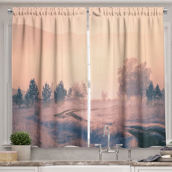 Ambesonne Mountain Kitchen Curtains, Dreamy Forest Trees Print, 55"x30", Pale Peach Slate Blue