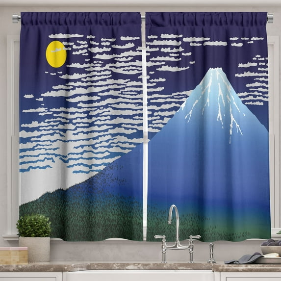 Ambesonne Mountain Kitchen Curtains, Nighttime Mountainous Area, 55"x39", Yellow Indigo