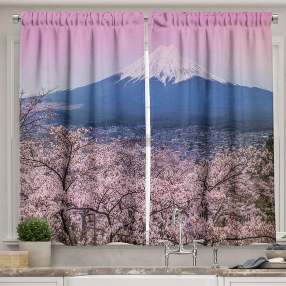 Ambesonne Mountain Kitchen Curtains, Spring Season Violet Tones, 55"x45", Lilac and Multicolor