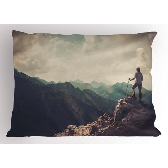 Ambesonne Mountain Pillow Sham, Woman Hiker on Top, 36" X 20", Multicolor