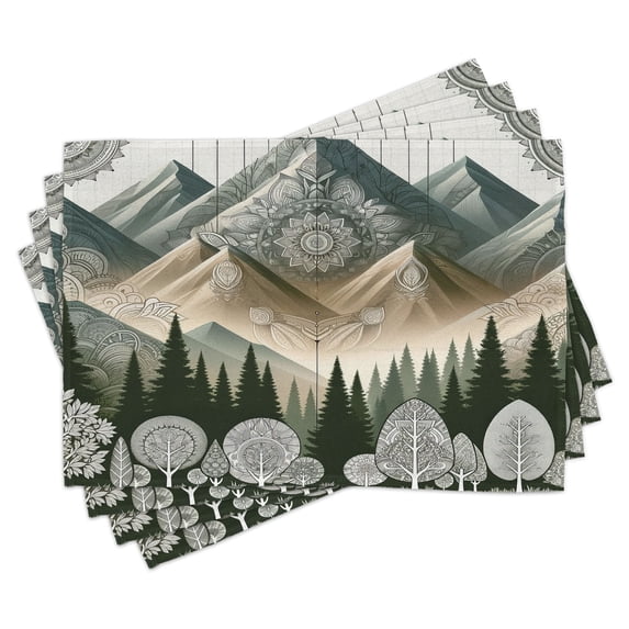 Ambesonne Mountain Place Mats Set of 4, Oriental Mandala Mounts, Standard Size, Dark Green Blue Grey Ecru