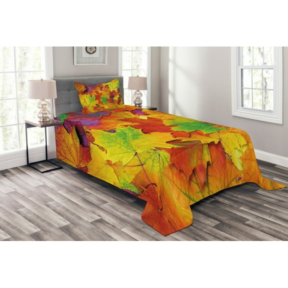 Ambesonne Mountain Quilted Bedspread Set 2 Pcs, Colorful Maple Leaf Photo, Twin Size, Yellow Purple