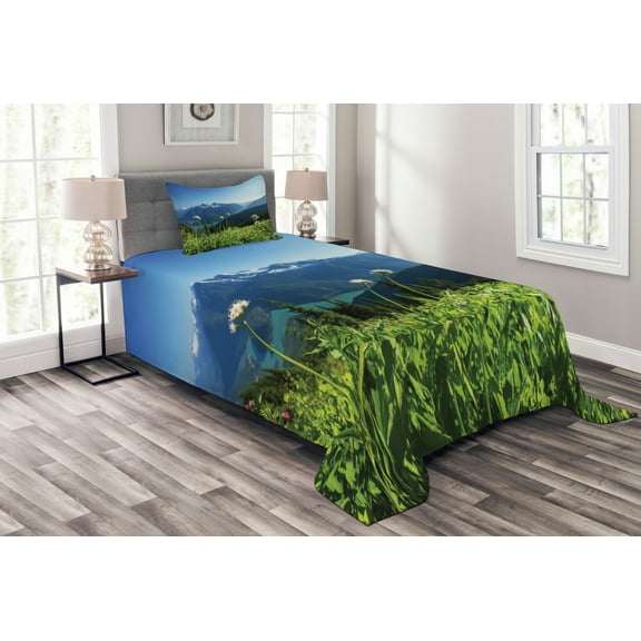 Ambesonne Mountain Quilted Bedspread Set 2 Pcs, Diablo Lake Dandelions, Twin Size, Sky Blue and Green