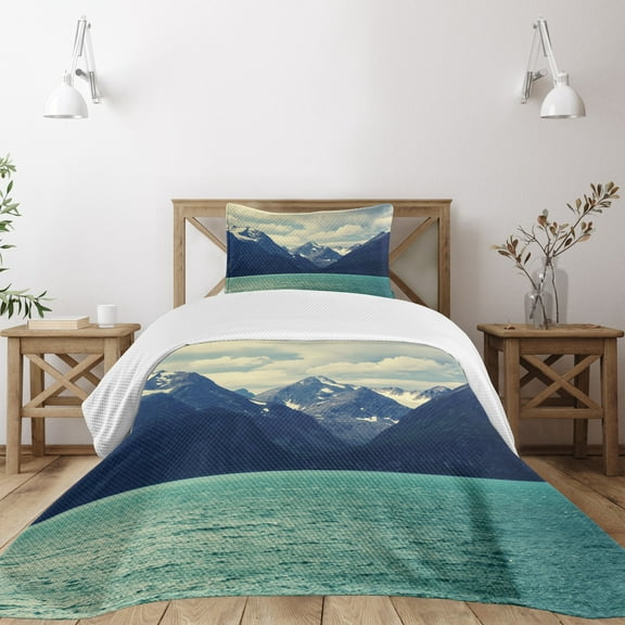 Ambesonne Mountain Quilted Bedspread Set 2 Pcs, Northern Norway Harbor, Twin Size, Almond Green Dark Blue
