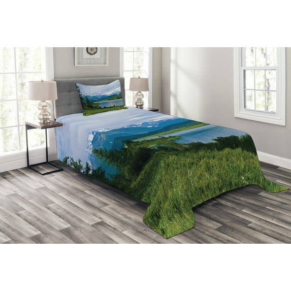Ambesonne Mountain Quilted Bedspread Set 2 Pcs, Snowy Belukha Peaks, Twin Size, Fern Green Pale Blue