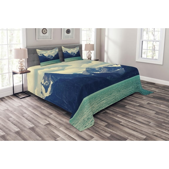 Ambesonne Mountain Quilted Bedspread Set 3 Pcs, Northern Norway Harbor, King Size, Almond Green Dark Blue