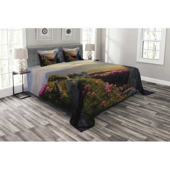 Ambesonne Mountain Quilted Bedspread Set 3 Pcs, Sunrise Rhodonderons, Queen Size, Yellow Green Pink