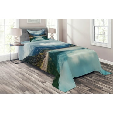 Ambesonne Mountain Quilted Coverlet 2 Pcs, Alpine Lake Sky Forest, Twin Size, Blue Green Grey