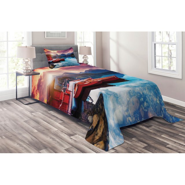 Ambesonne Mountain Quilted Coverlet 2 Pcs, South Asia Romantic, Twin Size, Multicolor