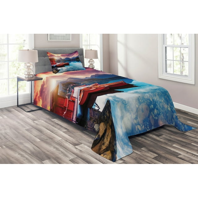 Ambesonne Mountain Quilted Coverlet 2 Pcs, South Asia Romantic, Twin Size, Multicolor